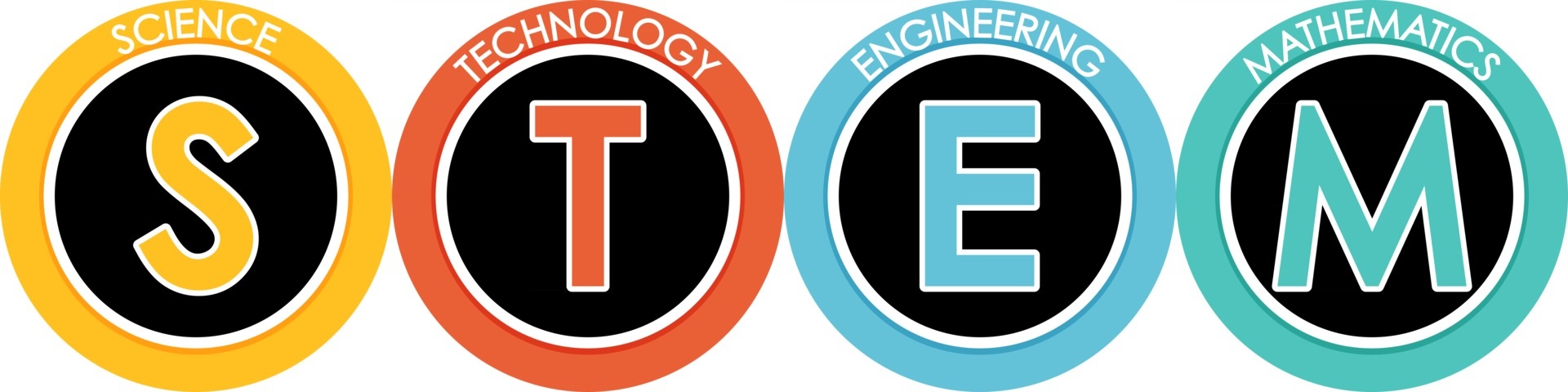 The letters S, T, E, and M each in their own circle with different colored rings around them.
